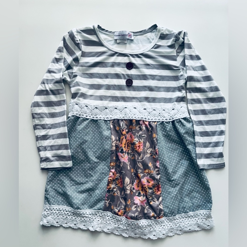 Adorable Sweetness girls tunic top shirt grey stripe polka dot floral 7